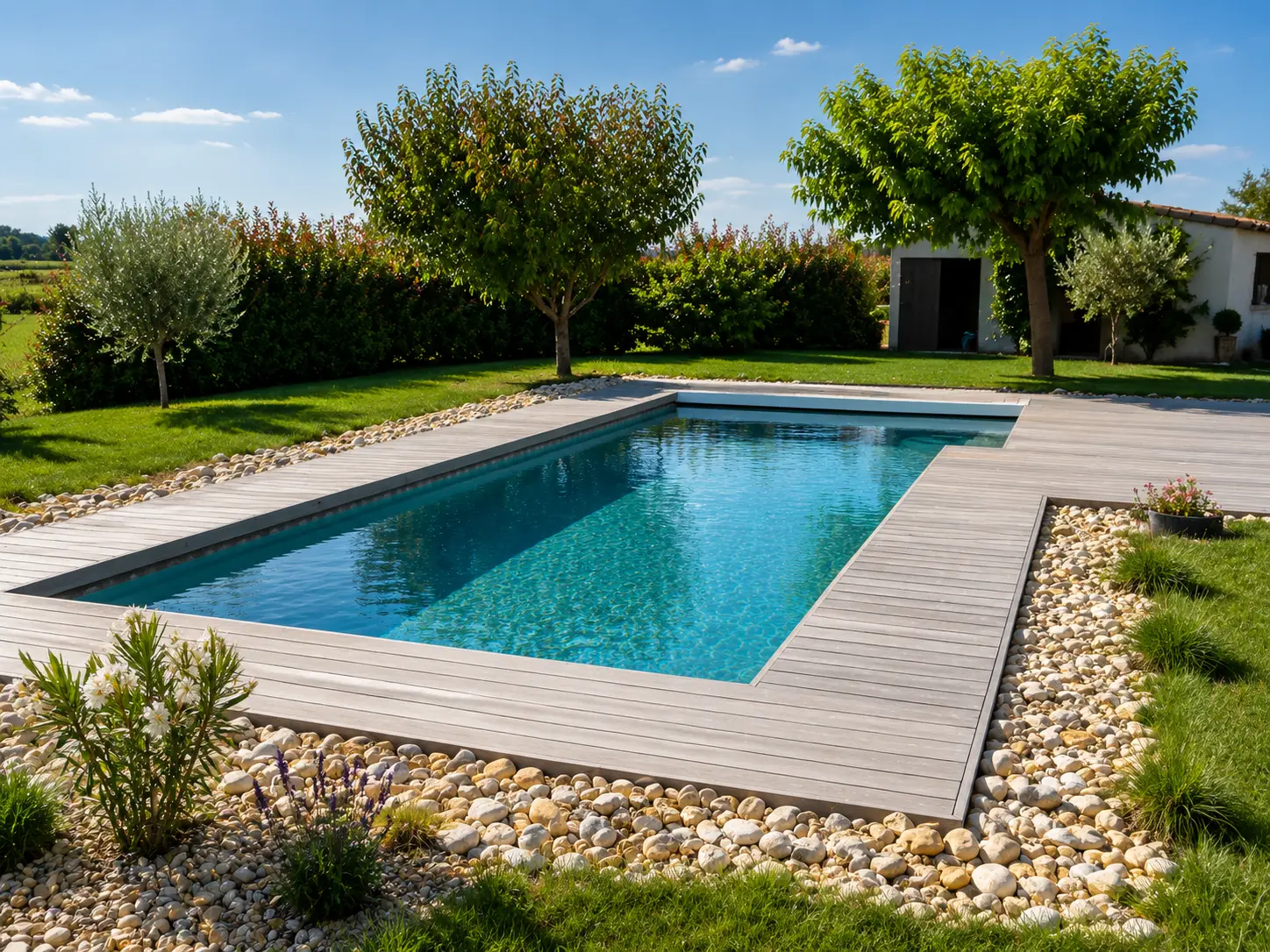Piscine moderne avec terrasse en bois et aménagement paysager réalisée par Hydrotec Piscine & SPA à Montélimar.