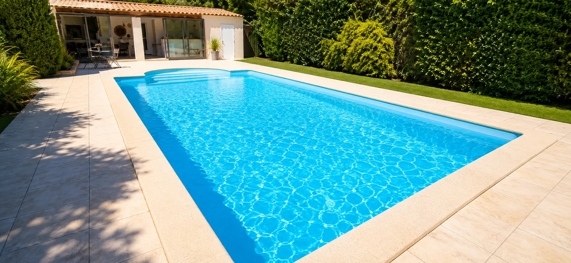 Piscine rénovée avec nouveau liner bleu clair et eau limpide après intervention Hydrotec Piscine & SPA