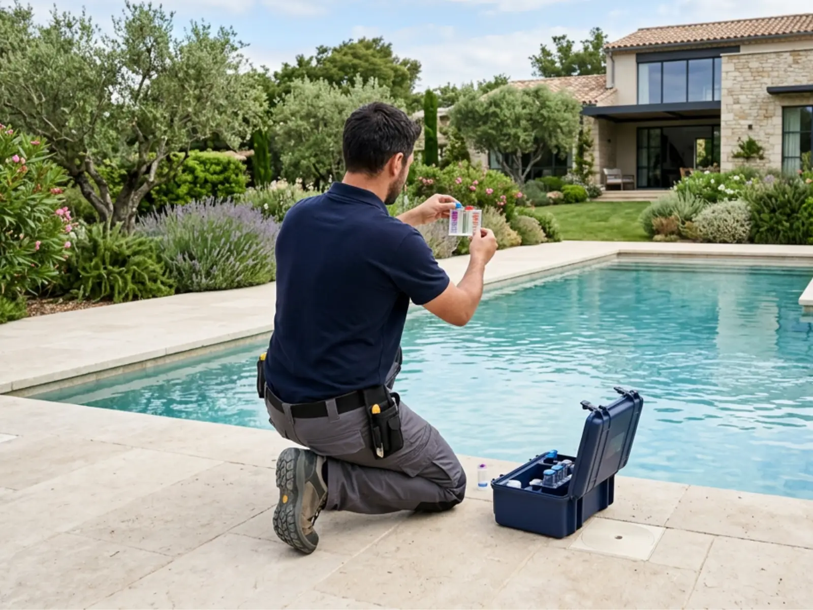 Technicien de dos contrôlant l’eau d’une piscine extérieure avant sa mise en service